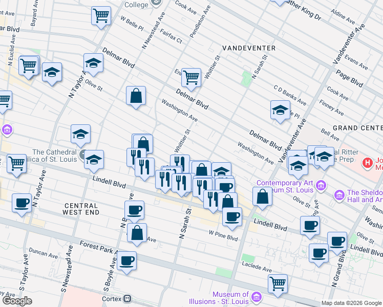 map of restaurants, bars, coffee shops, grocery stores, and more near 4142 Westminster Place in St. Louis