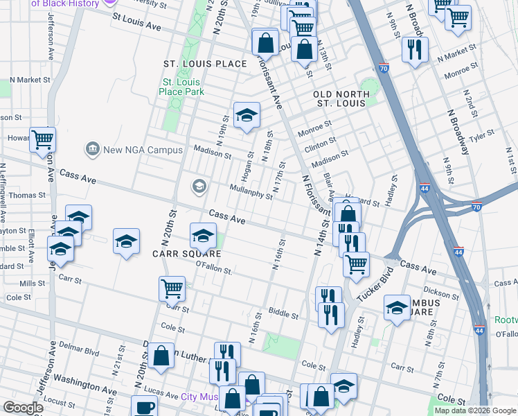 map of restaurants, bars, coffee shops, grocery stores, and more near 1519 North 17th Street in St. Louis