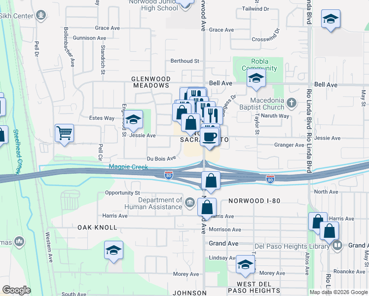 map of restaurants, bars, coffee shops, grocery stores, and more near 4191 Norwood Avenue in Sacramento