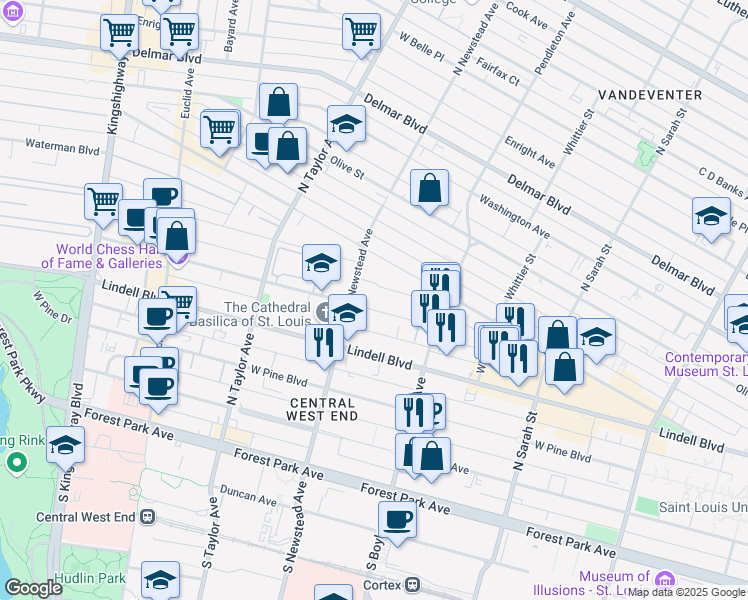 map of restaurants, bars, coffee shops, grocery stores, and more near 4377 Maryland Avenue in St. Louis