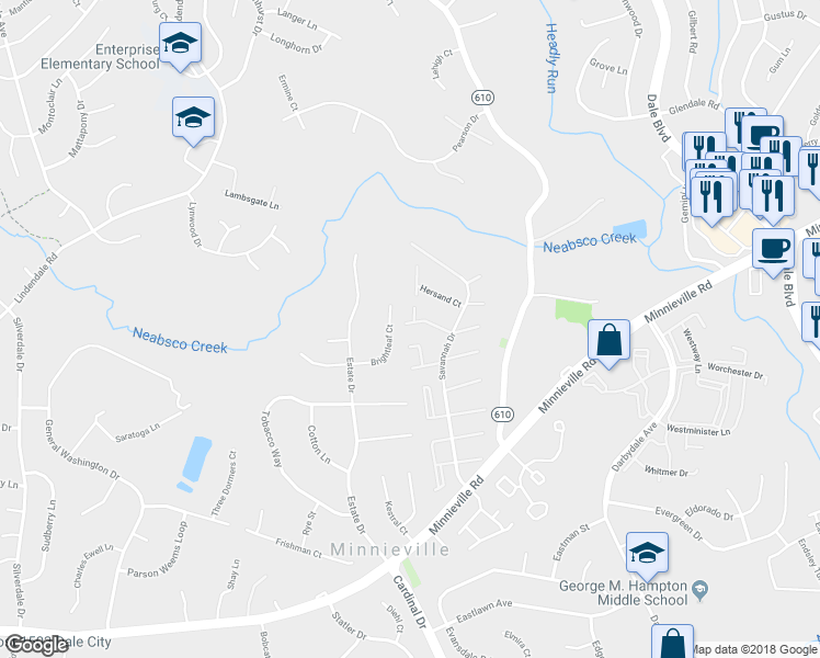 map of restaurants, bars, coffee shops, grocery stores, and more near 4749 Hedrick Lane in Woodbridge