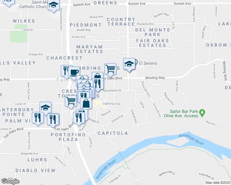 map of restaurants, bars, coffee shops, grocery stores, and more near 4230 Watkins Drive in Fair Oaks