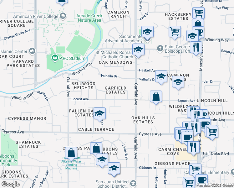 map of restaurants, bars, coffee shops, grocery stores, and more near 5349 Sedona Court in Carmichael