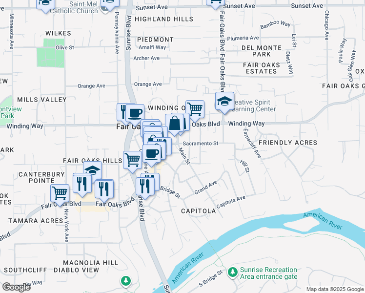 map of restaurants, bars, coffee shops, grocery stores, and more near 8008 Sacramento Street in Fair Oaks