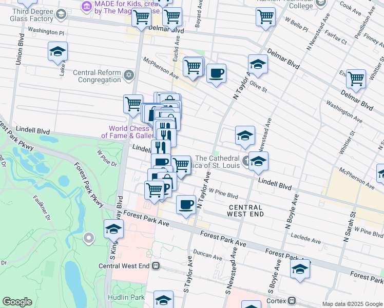 map of restaurants, bars, coffee shops, grocery stores, and more near 4545 Lindell Boulevard in St. Louis