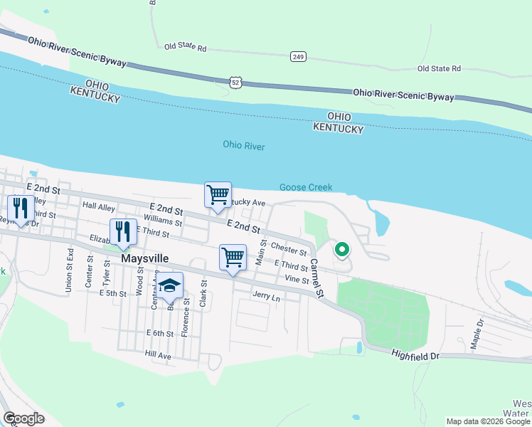 map of restaurants, bars, coffee shops, grocery stores, and more near 114 Cottage Street in Maysville