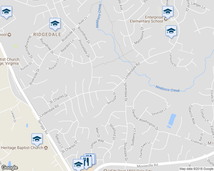 map of restaurants, bars, coffee shops, grocery stores, and more near 5371 Seneca Court in Woodbridge