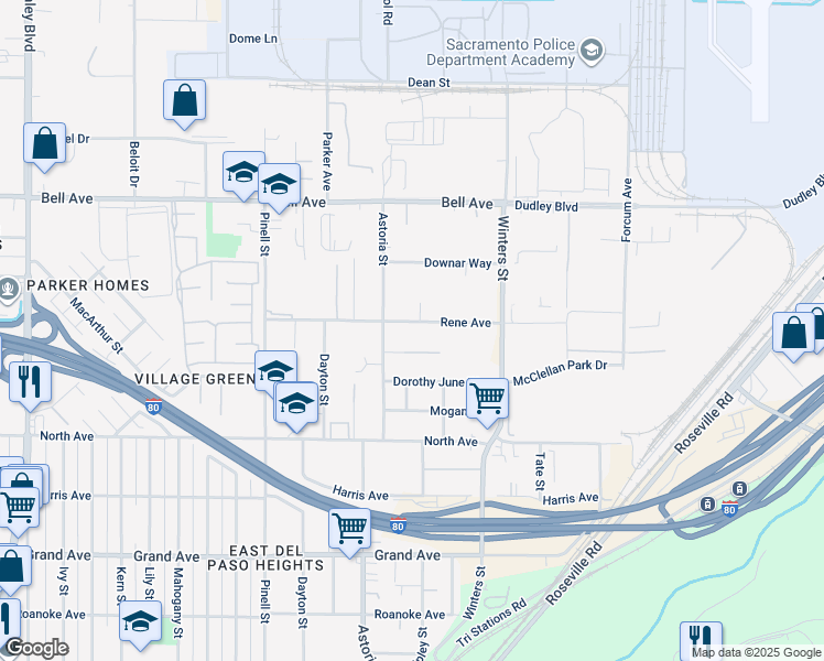 map of restaurants, bars, coffee shops, grocery stores, and more near 2207 Paul Avenue in Sacramento