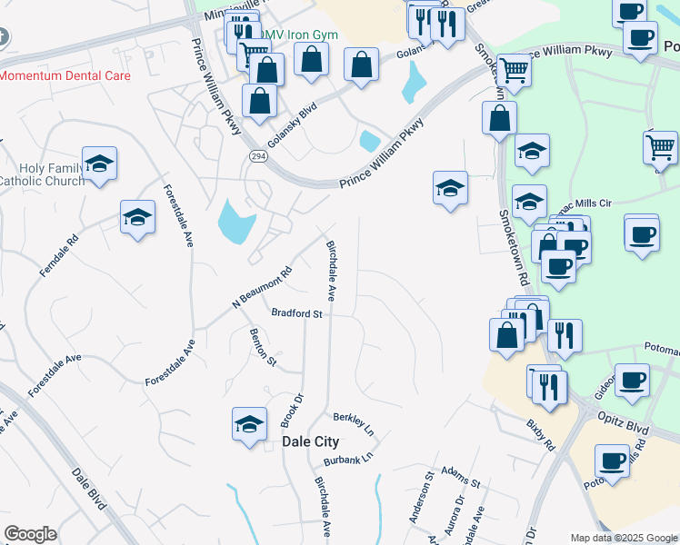 map of restaurants, bars, coffee shops, grocery stores, and more near 14215 Birchdale Avenue in Woodbridge