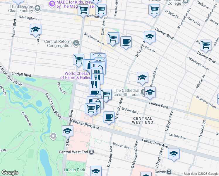 map of restaurants, bars, coffee shops, grocery stores, and more near 4545 Lindell Boulevard in St. Louis