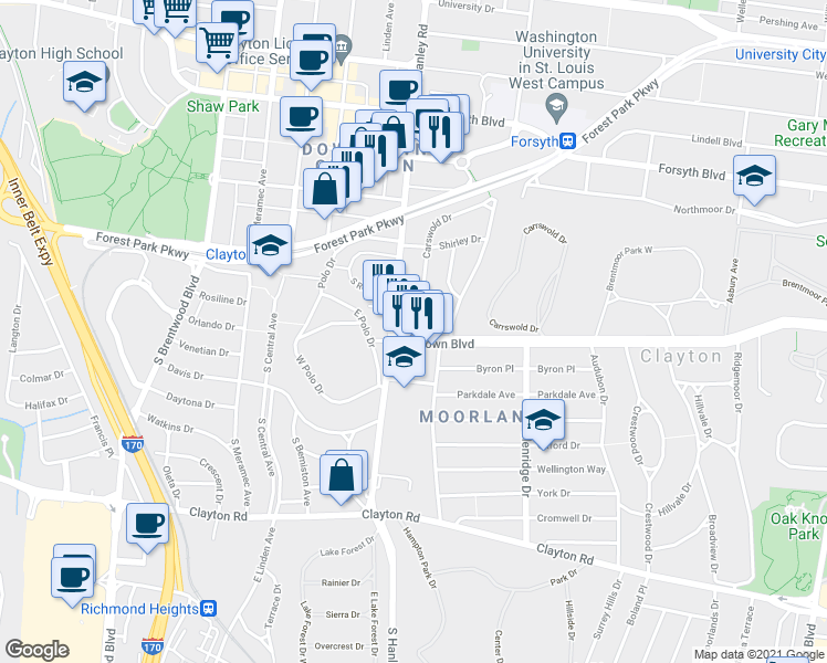 map of restaurants, bars, coffee shops, grocery stores, and more near 7646 Wydown Boulevard in Clayton