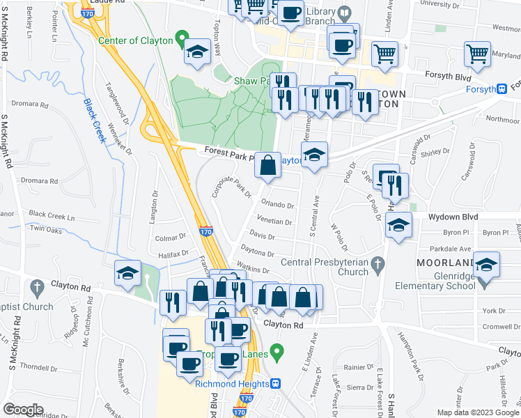 map of restaurants, bars, coffee shops, grocery stores, and more near 600S South Brentwood Boulevard in Clayton