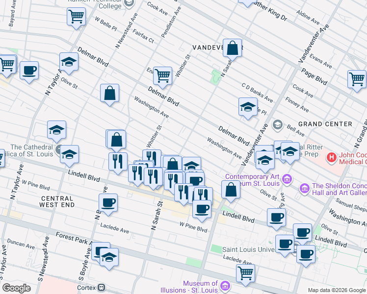 map of restaurants, bars, coffee shops, grocery stores, and more near Olive St & N Sarah St in St Louis