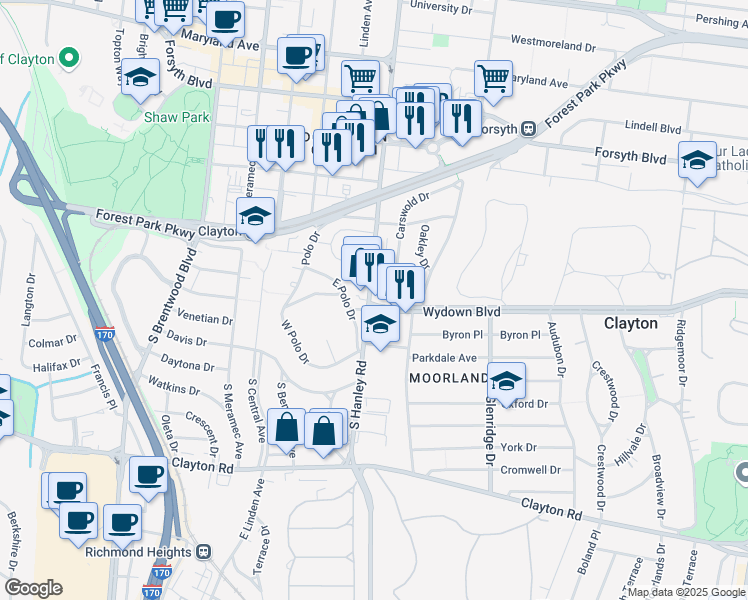 map of restaurants, bars, coffee shops, grocery stores, and more near 7646 Wydown Boulevard in Clayton