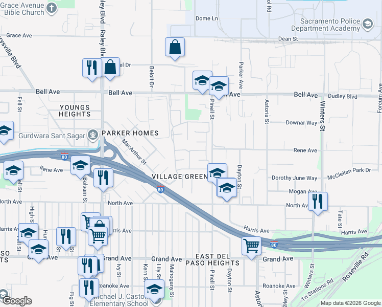 map of restaurants, bars, coffee shops, grocery stores, and more near 100 Village Circle in Sacramento