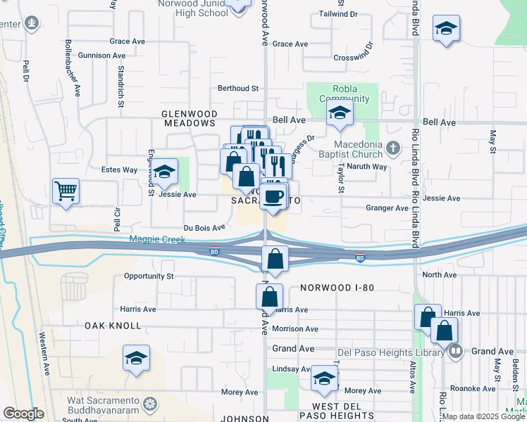 map of restaurants, bars, coffee shops, grocery stores, and more near in Sacramento
