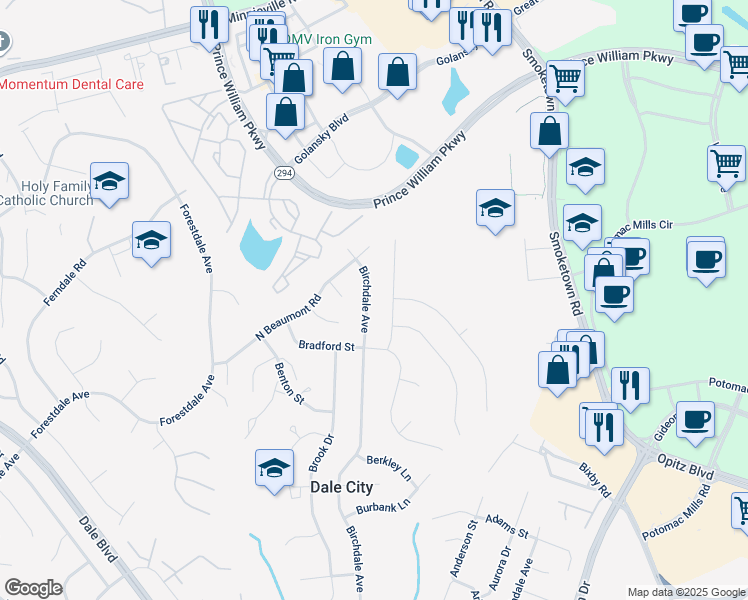 map of restaurants, bars, coffee shops, grocery stores, and more near 14215 Birchdale Avenue in Woodbridge