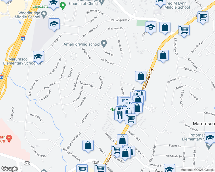 map of restaurants, bars, coffee shops, grocery stores, and more near 1901 Stevens Road in Woodbridge