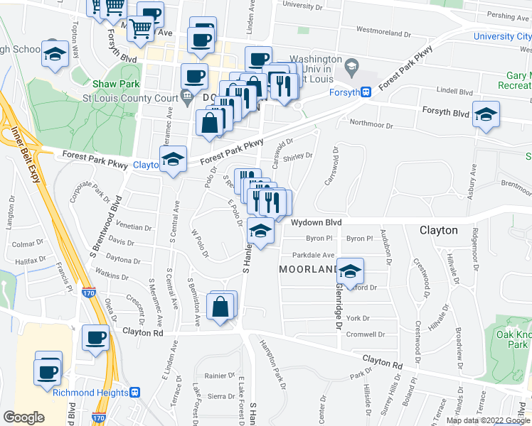 map of restaurants, bars, coffee shops, grocery stores, and more near 7646 Wydown Boulevard in Clayton