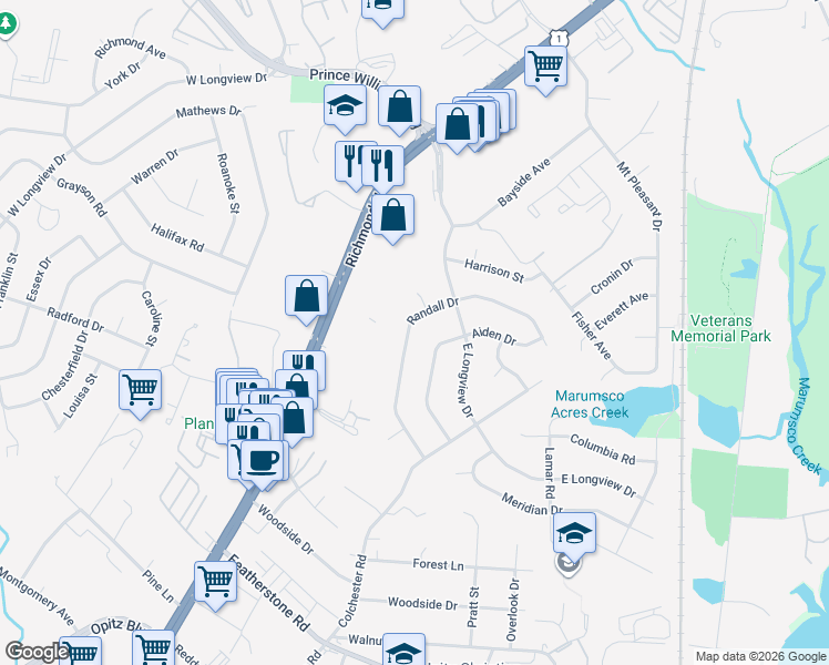 map of restaurants, bars, coffee shops, grocery stores, and more near 14215 Randall Drive in Woodbridge