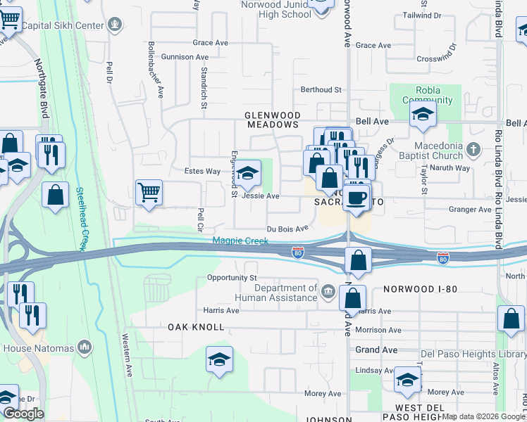 map of restaurants, bars, coffee shops, grocery stores, and more near 4120 Fruita Court in Sacramento