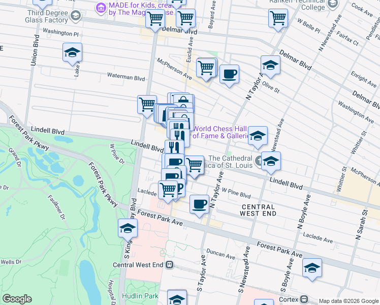 map of restaurants, bars, coffee shops, grocery stores, and more near in St. Louis