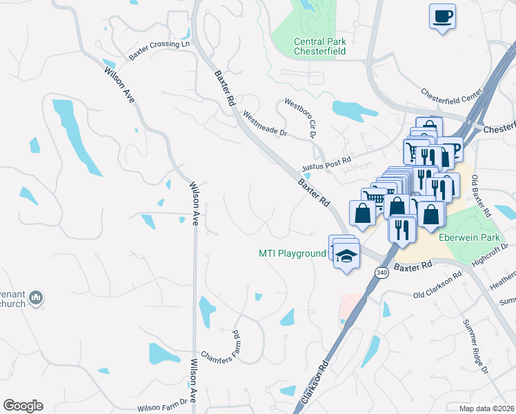 map of restaurants, bars, coffee shops, grocery stores, and more near 16543 Baxter Forest Ridge Drive in Chesterfield