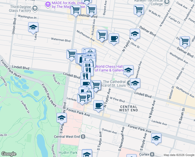 map of restaurants, bars, coffee shops, grocery stores, and more near 4615 Lindell Boulevard in Saint Louis