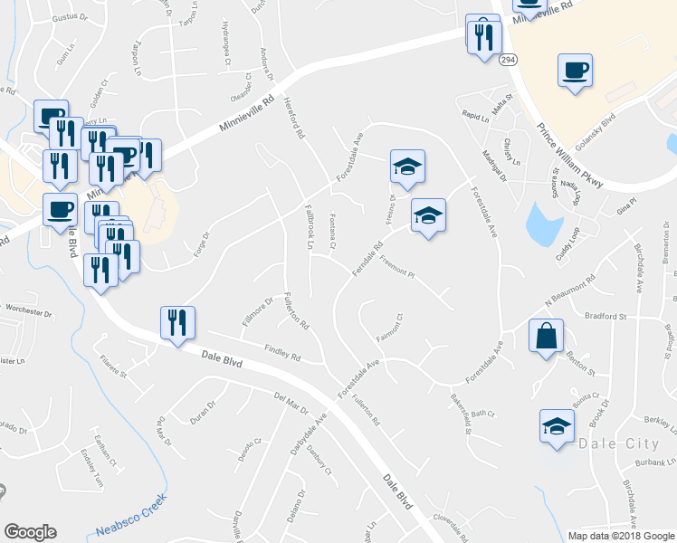 map of restaurants, bars, coffee shops, grocery stores, and more near 3803 Fairhope Road in Woodbridge