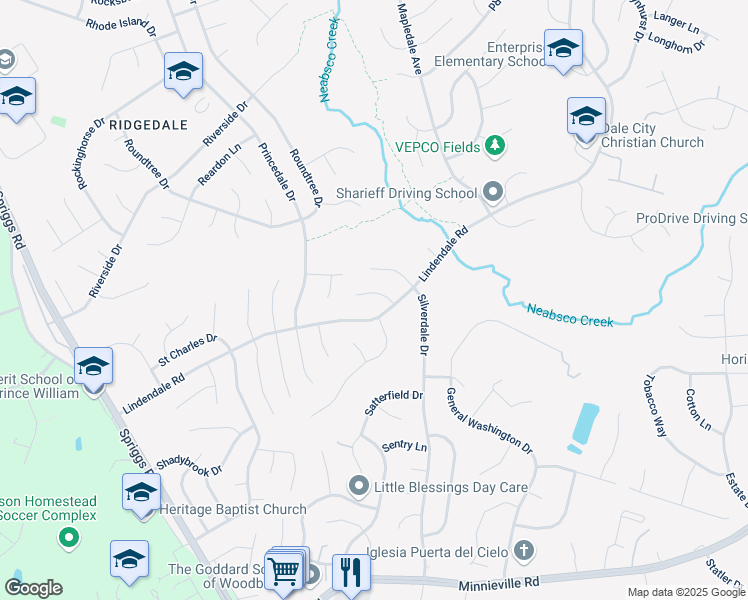 map of restaurants, bars, coffee shops, grocery stores, and more near 5365 Seneca Court in Woodbridge
