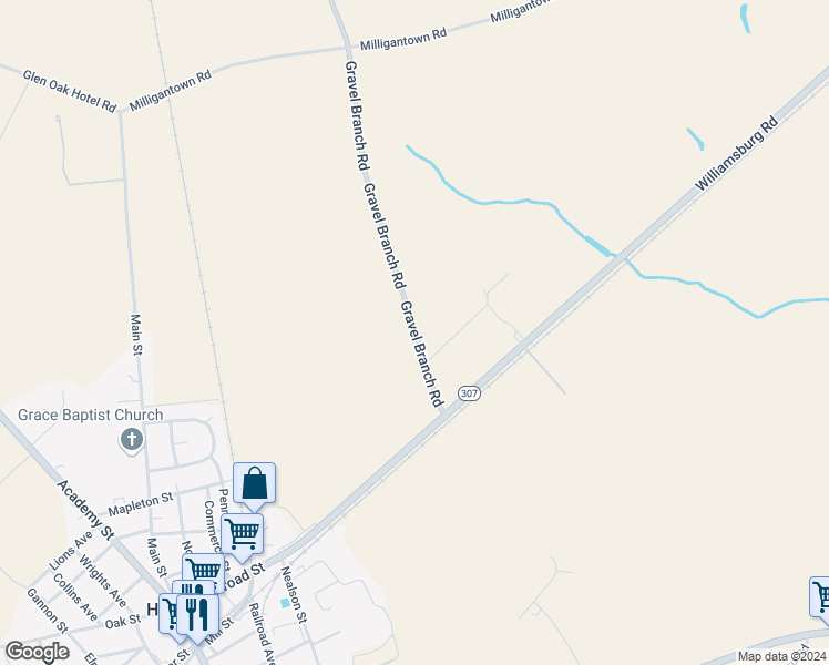 map of restaurants, bars, coffee shops, grocery stores, and more near Gravel Branch Road in Hurlock