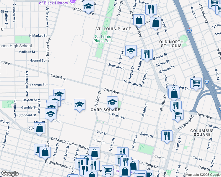 map of restaurants, bars, coffee shops, grocery stores, and more near 1927 Cass Avenue in St. Louis