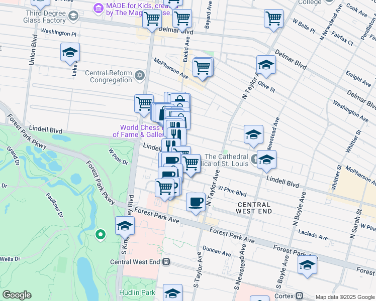map of restaurants, bars, coffee shops, grocery stores, and more near in St. Louis