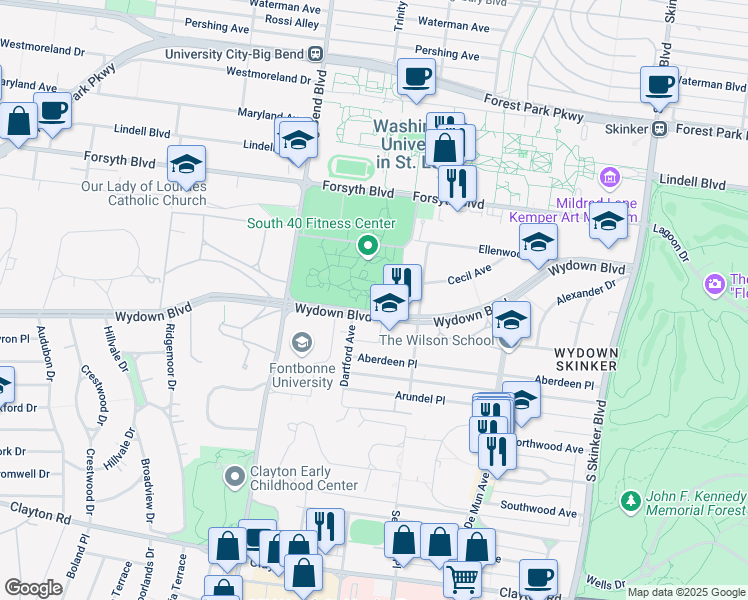 map of restaurants, bars, coffee shops, grocery stores, and more near 6515 Wydown Boulevard in St. Louis