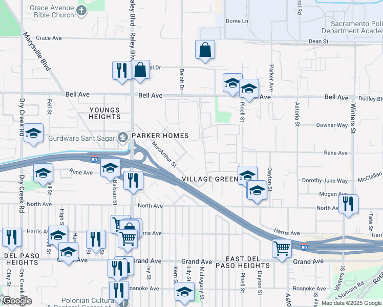 map of restaurants, bars, coffee shops, grocery stores, and more near 101 Nimitz Street in Sacramento