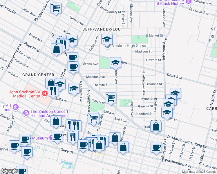 map of restaurants, bars, coffee shops, grocery stores, and more near 3013 James Cool Papa Bell Avenue in St. Louis
