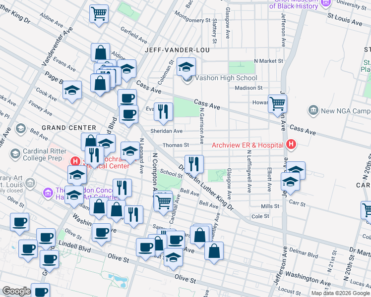 map of restaurants, bars, coffee shops, grocery stores, and more near 3057 James Cool Papa Bell Avenue in St. Louis
