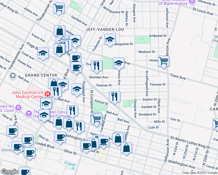 map of restaurants, bars, coffee shops, grocery stores, and more near 3077-3099 James Cool Papa Bell Ave in St Louis