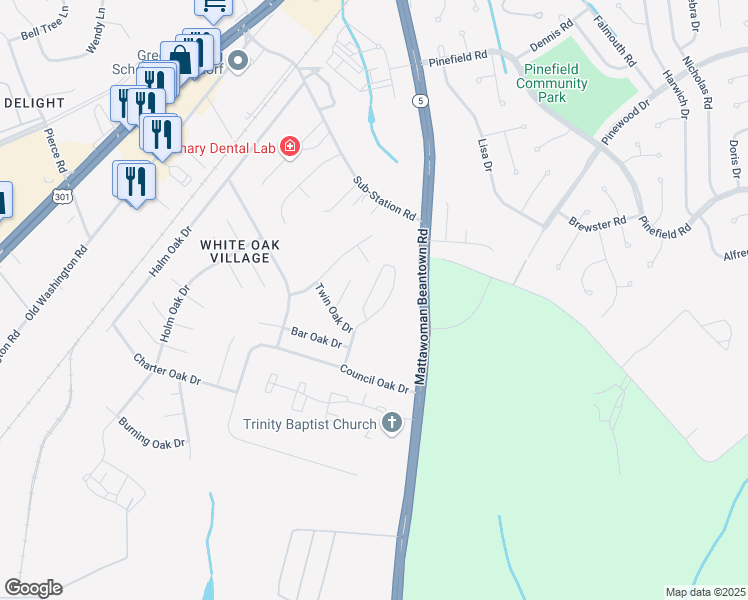 map of restaurants, bars, coffee shops, grocery stores, and more near 1533 Pin Oak Drive in Waldorf