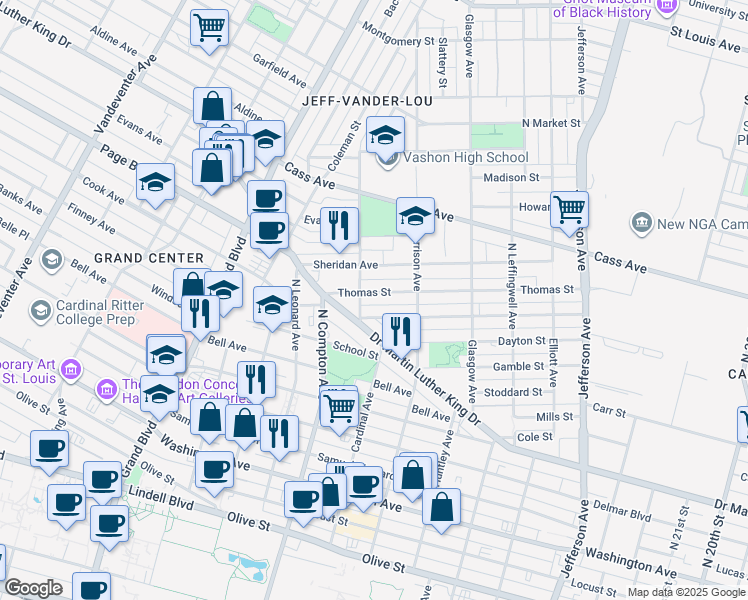 map of restaurants, bars, coffee shops, grocery stores, and more near 3057 James Cool Papa Bell Avenue in St. Louis