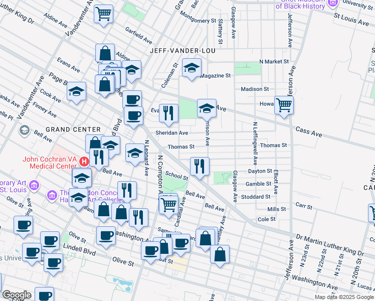 map of restaurants, bars, coffee shops, grocery stores, and more near 3046 Thomas Street in St. Louis