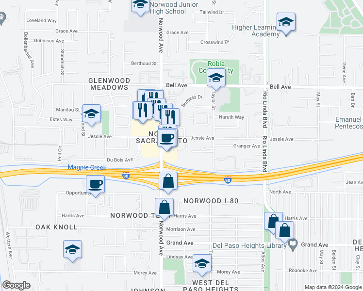 map of restaurants, bars, coffee shops, grocery stores, and more near 470 Jessie Avenue in Sacramento
