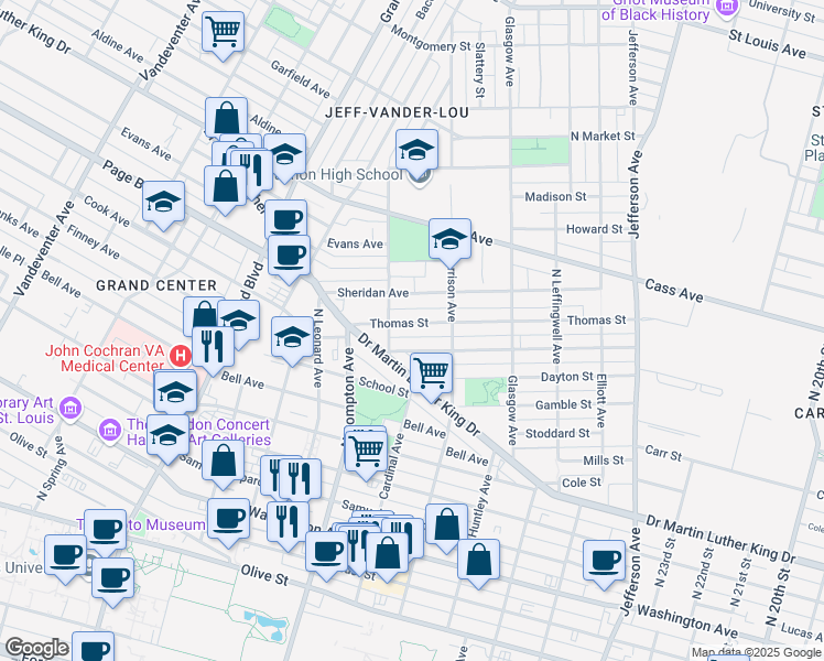 map of restaurants, bars, coffee shops, grocery stores, and more near 3042 Thomas Street in St. Louis