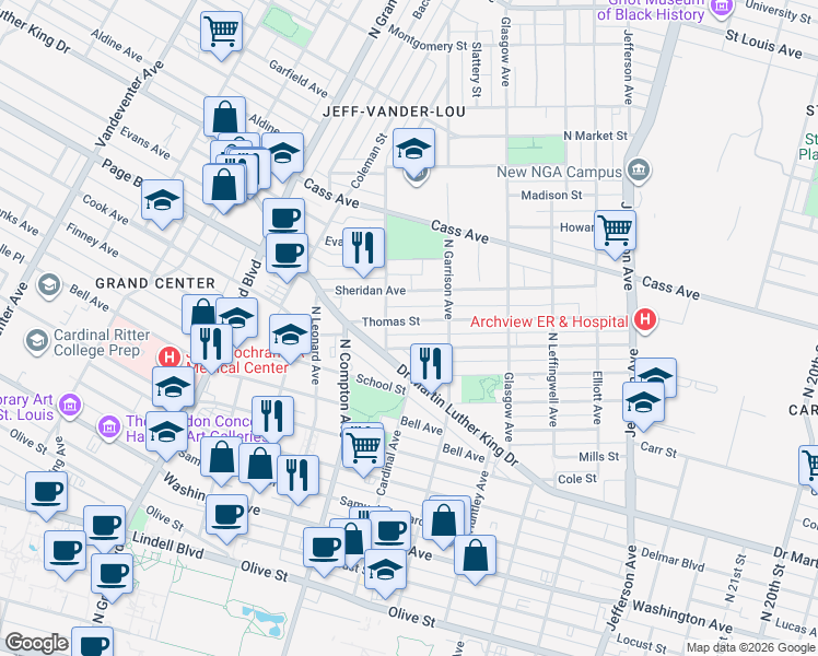 map of restaurants, bars, coffee shops, grocery stores, and more near 3042 Thomas Street in St. Louis
