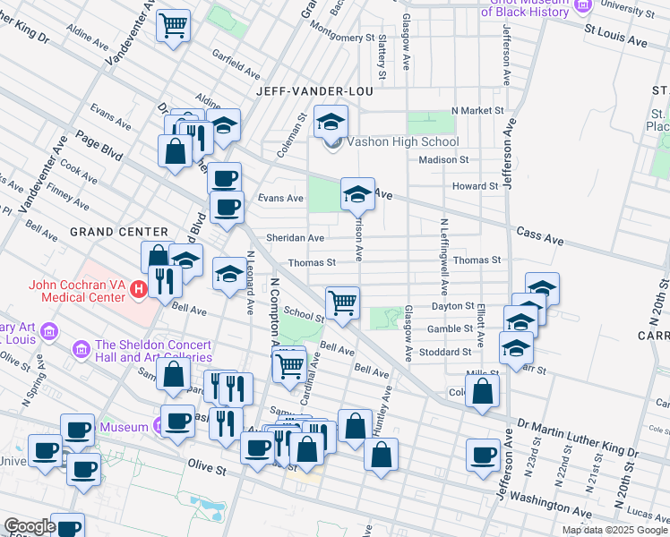 map of restaurants, bars, coffee shops, grocery stores, and more near 3030 Thomas Street in St. Louis