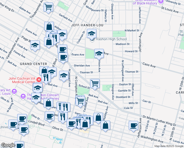 map of restaurants, bars, coffee shops, grocery stores, and more near 3034 Thomas Street in St. Louis