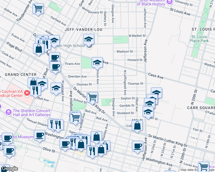 map of restaurants, bars, coffee shops, grocery stores, and more near 2926 Thomas Street in St. Louis
