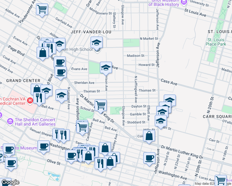 map of restaurants, bars, coffee shops, grocery stores, and more near 2930 Thomas Street in St. Louis