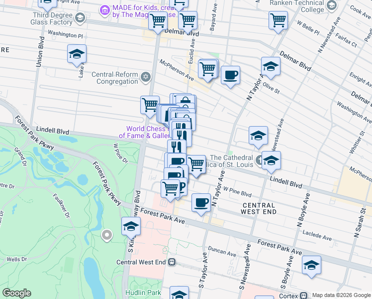 map of restaurants, bars, coffee shops, grocery stores, and more near 4643 Lindell Boulevard in St. Louis