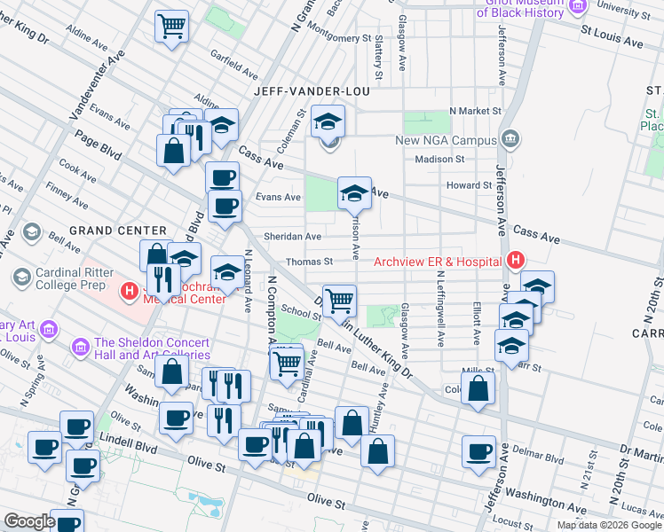 map of restaurants, bars, coffee shops, grocery stores, and more near 3030 Thomas Street in St. Louis